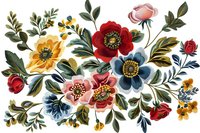 Vibrant folk art floral composition with red, yellow, and blue blooms, featuring vintage-inspired watercolor style flowers and green foliage perfect for textile design and stationery projects.