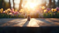 Small bunny silhouette sitting on wooden surface at sunset with colorful spring tulips garden in soft bokeh background, magical nature moment.