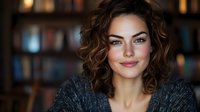 Young Caucasian woman with curly brown hair and natural makeup smiling confidently in library setting with soft bokeh background and warm lighting.