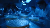 Scientist examining bacterial cultures in petri dishes in modern laboratory with dramatic blue lighting, showcasing microbiology research environment.