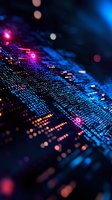 Abstract digital data visualization with glowing blue and pink lights creating dynamic pattern against dark background. Network connections concept.