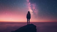 Silhouette of person standing on mountain peak against starry night sky and pink sunset, milky way galaxy visible in cosmic atmosphere. For travel and astronomy designs.