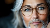 Mature Caucasian man with gray hair, blue eyes and stylish glasses gazes thoughtfully. Close-up portrait shows natural aging and wisdom with soft lighting.