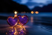 Two glowing purple hearts with warm LED lights on water surface at twilight with mountain silhouettes and bokeh reflections creating romantic atmosphere.