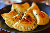 Pan-fried dumplings with golden crispy bottom, garnished with fresh herbs on dark plate, close up view of traditional Asian potstickers.