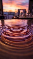Water ripples create concentric circles on reflective surface with warm sunset colors and blurred urban skyline background for meditation and wellness concepts.