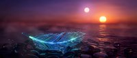Futuristic holographic whale breaching ocean surface at sunset with dual suns in purple sky, sci-fi marine life concept for digital art projects.
