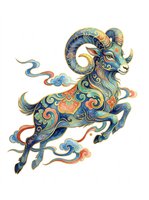 Ornate ram with curved horns in blue, gold, and orange decorative patterns, isolated on transparent background, ready for t-shirts, stickers, clipart, and print-on-demand designs.