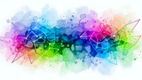 Abstract colorful watercolor splash with geometric network connections and molecular structures on white background for creative design projects.