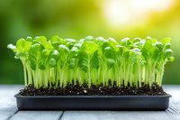 Fresh microgreens growing in soil tray with bright green leaves and stems against blurred natural background, showing early growth stage of seedlings.