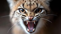 Extreme close up of aggressive wild cat face showing sharp fangs, fierce expression, and bright blue eyes against dark background. Feline predator snarling.