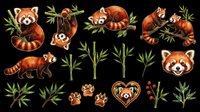 Red panda clipart set with bamboo, paw prints, and berries, isolated on transparent background. Great for stickers, t-shirt design, and print on demand.