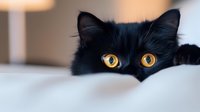 Curious black cat with bright yellow eyes peeking over edge, close-up portrait showing only eyes and ears against soft blurred background.