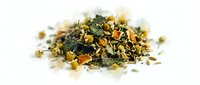 Dried herbal tea blend with chamomile flowers, green tea leaves, and orange peel isolated on white background for beverage packaging and wellness design.