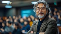 Senior Asian male professor with gray hair and glasses wearing tweed jacket and black turtleneck stands confidently in lecture hall with students in background.