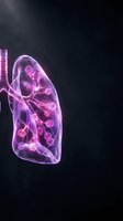 Transparent lung anatomy with glowing purple alveoli showing respiratory system infection or disease for medical education and healthcare presentations.