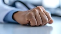 Close-up of clenched fist resting on white surface showing tension, anger, or determination, photographed with shallow depth of field in cool blue tones.