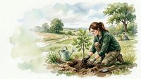 Young Caucasian woman in gloves planting a tree in a green field, watercolor style, nature conservation and gardening concept.