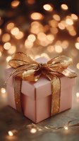 Elegant pink gift box with shimmering gold ribbon against warm bokeh lights background for holiday celebrations and special occasions.