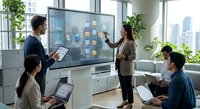 Professional businesswoman presenting data analytics on interactive display to diverse team in modern office meeting room with city skyline view.