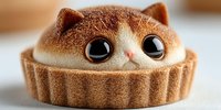 Adorable cat-shaped dessert tart with big eyes and fuzzy texture, cute animal-themed pastry for bakery menu, sweet treats and confectionery design.