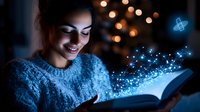 Young woman in cozy blue sweater reading magical glowing book with sparkles and light effects in dark room with bokeh lights, fantasy concept for book covers.