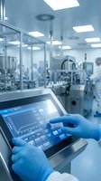 Scientist in blue gloves operating touchscreen control panel in sterile pharmaceutical manufacturing facility with modern equipment and clean room environment.