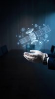 Businessman hand presenting holographic satellite with digital icons representing space technology, telecommunications and global connectivity solutions.