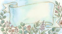 Watercolor floral frame with ribbon banner and pastel wildflowers, soft blue background, copy space for text, wedding or greeting card design.
