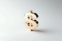 Golden dollar sign symbol on white background, metallic currency icon casting soft shadow, isolated financial element for business designs.