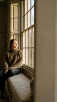 Young woman in cozy sweater sitting by window with warm sunlight streaming through, peaceful indoor moment for lifestyle and wellness content.