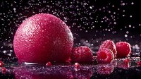Fresh ripe raspberries with water drops and splashes on dark background, macro shot with selective focus and bokeh lights creating magical atmosphere.