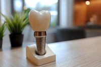 Dental implant model displayed on wooden surface with blurred office background, showing tooth crown and metal screw component for dentistry education and patient consultation.