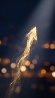 Glowing upward arrow made of golden particles and light trails against dark background with bokeh lights, symbolizing growth, success, and positive business momentum.