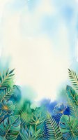 Watercolor tropical frame with gold outline leaves and flowers in teal, green and blue tones, copy space for text, social media or invitation design.