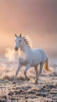 White horse trotting through frost-covered field at sunrise, breath visible in cold morning air, golden light illuminating mane and body, winter landscape photography.