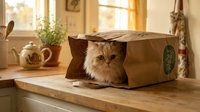 Fluffy ginger tabby cat with striking amber eyes peeking out from brown cardboard box on wooden table, sunlit room with teapot and plants, playful pet enjoying enclosed space.