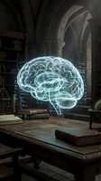 Glowing holographic brain with digital interface displayed on wooden desk in gothic stone chamber with arched windows and ancient books for neuroscience, AI, and technology concepts.
