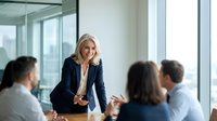 Professional blonde businesswoman leading corporate meeting in modern office conference room with team members discussing strategy and collaboration.