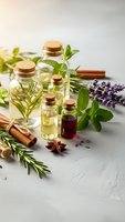 Natural essential oils in glass bottles with cork stoppers surrounded by fresh herbs, lavender, rosemary, mint and cinnamon sticks on textured surface.
