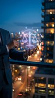 Businessman holding glowing justice scales hologram at night with city lights background representing legal services and law firm technology solutions.