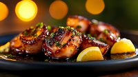 Glazed octopus tentacles with citrus garnish served on black plate. Grilled seafood appetizer with caramelized sauce and fresh herbs in moody restaurant lighting.