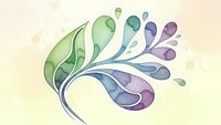 Watercolor floral swirl design with green blue purple gradient drops on cream background for decorative projects and organic branding materials.