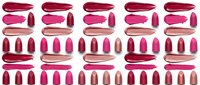 Lipstick swatches collection in pink burgundy nude shades isolated on white background for cosmetic beauty makeup design projects.