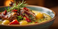 Savory braised lamb shank with herbs, potatoes and vegetables in rustic ceramic bowl. Traditional slow-cooked comfort food for restaurant menus and culinary content.