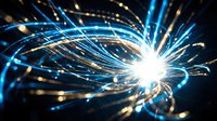 Dynamic energy burst with flowing blue light trails and bright central core creating futuristic abstract motion effect for technology and science concepts.