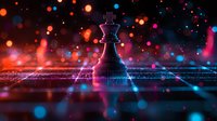Chess king piece on digital grid surface with glowing neon lights, bokeh effects in red and blue colors creating futuristic atmosphere. Strategic game concept.