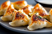 Pan-fried Asian dumplings with crispy golden brown bottom, garnished with black sesame seeds and fresh herbs served on white ceramic plate.