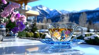 Steaming hot tea in crystal glass cup against snowy mountain landscape with purple flowers in foreground, morning sunlight creating sparkles through transparent glass.