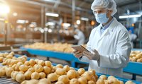 Quality control specialist in protective workwear inspecting fresh potatoes on industrial conveyor belt, using digital tablet for inventory management in food processing facility.